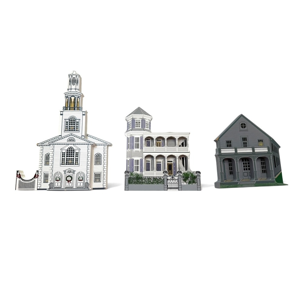 Shelia's Collectibles Wood Shelf Sitters Set Old First Church Artist House Lab